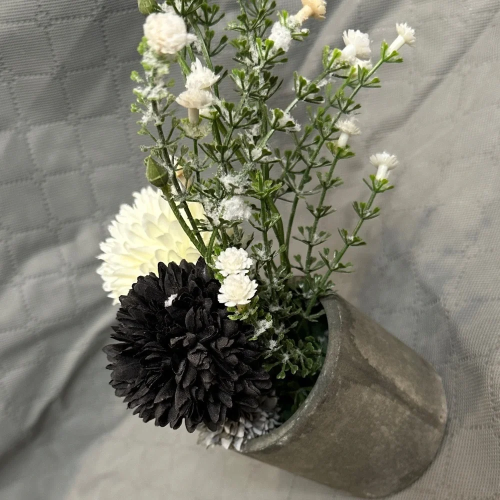 Hand Crafted Edgy Farmhouse Black and White Floral Arrangement in Concrete Decor